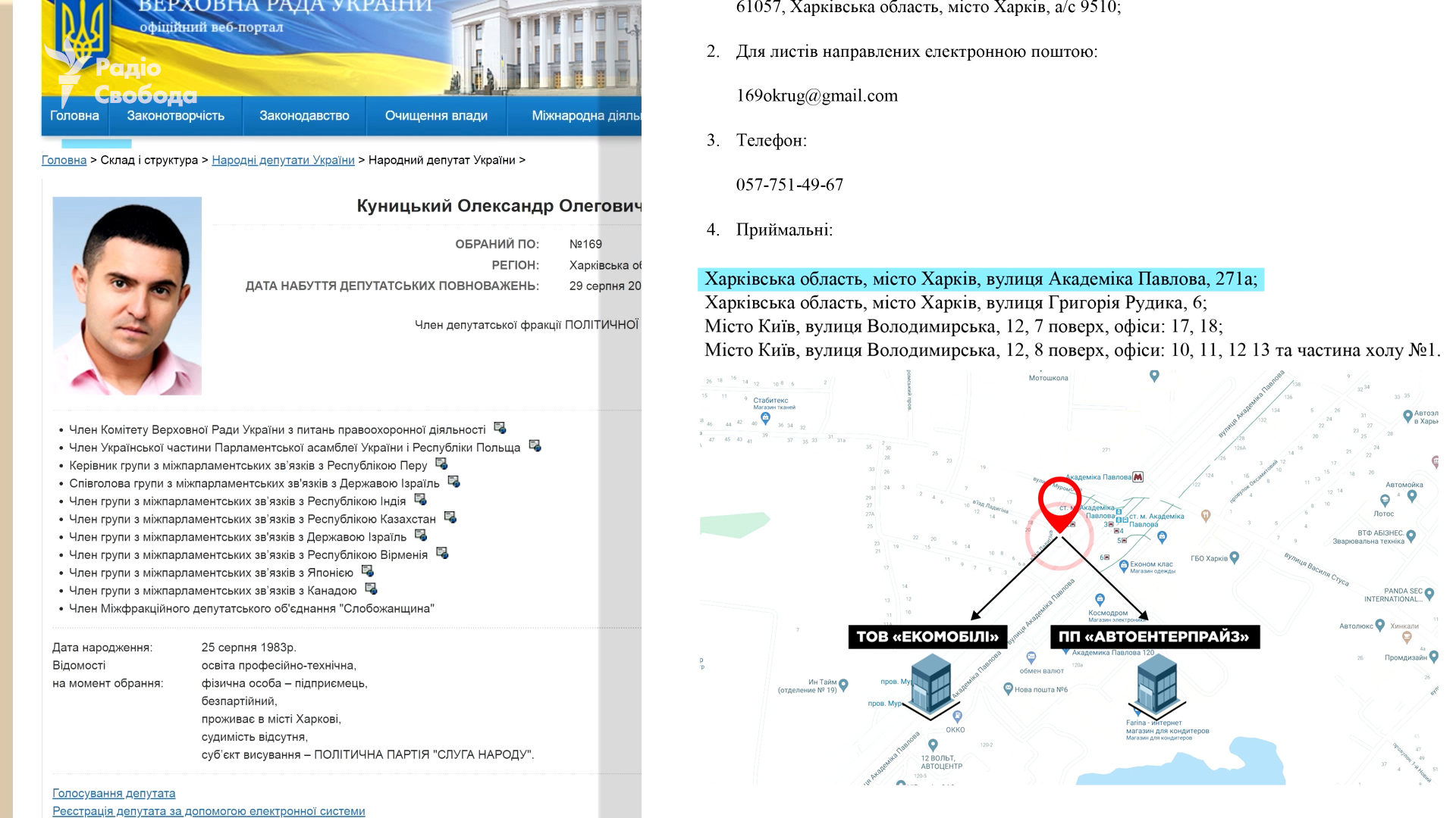 Одна з приймалень Куницького розташована у Харкові за адресою, де розміщується офіс компанії «Екомобілі» з групи «Автоентерпрайз»